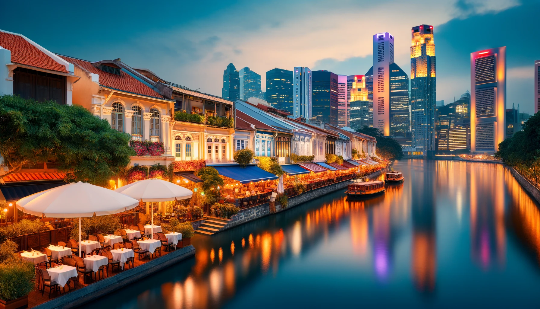 Boat Quay at dusk on the Singapore River, riverside tables under umbrellas with the city skyline behind
